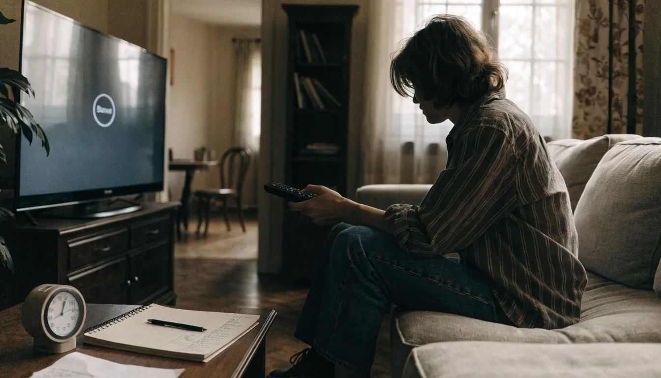 Person auf Sofa, Fernseh‑Icon, Timer und Notizbuch